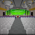 Large Conference Venue With Green Stage Speaker Red White Chairs And Big Screen
