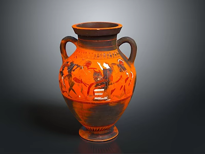 Sculpted Vase With Two Handles And Orange Black Figural Carvings 3d model