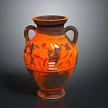 Sculpted Vase With Two Handles And Orange Black Figural Carvings
