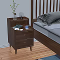 Modern Wooden Bedside Table with Plant Vase Blue Mug Green Book and Cards
