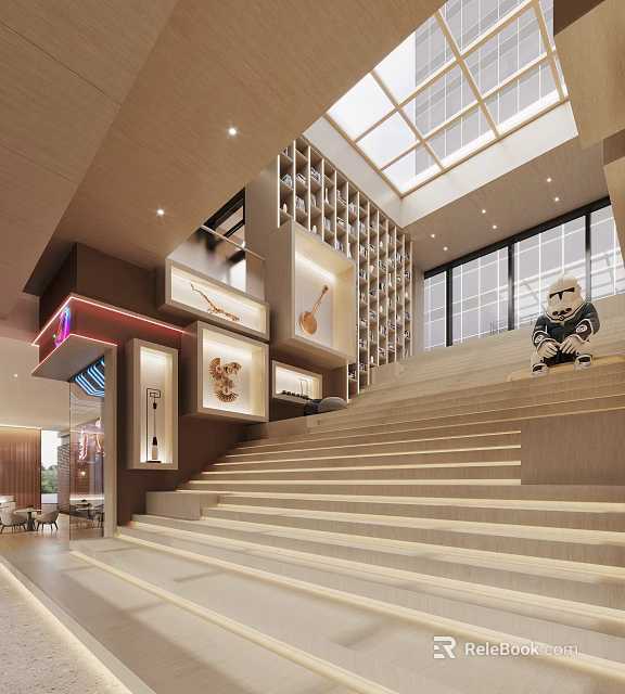 Modern Interior Space With Wooden Staircase Skylight Large Windows And Decorative Elements 3d model 