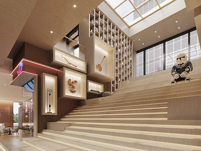 Modern Interior Space With Wooden Staircase Skylight Large Windows And Decorative Elements 3d model