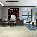 Modern Office Interior With Large Windows Wooden Desk Chairs Pendant Lights And Circular Wall Art
