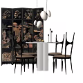 Dining Table Set with Round Table Black Framed Chairs Decorative Screen and White Pendant Lights 3d model
