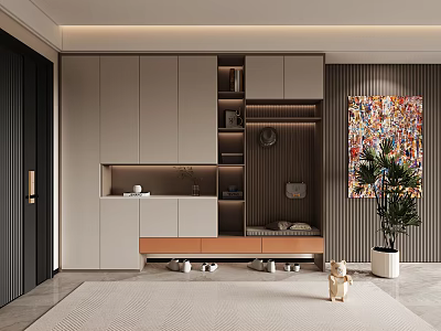 Modern Shoe Cabinet Interior With Light Beige Storage Units Shoe Bench And Decorative Painting 3d model
