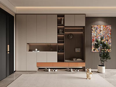 Modern Shoe Cabinet Interior With Light Beige Storage Units Shoe Bench And Decorative Painting 3d model