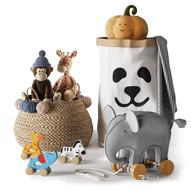Cute Animal Shaped Plush Dolls in Wicker Basket with Storage Bag for Kids Room 3d model 