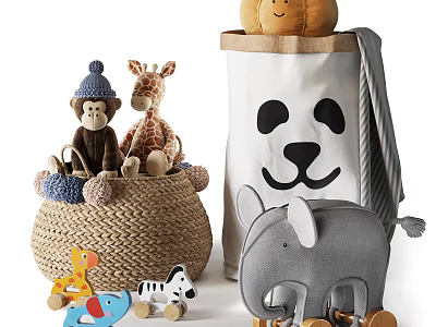 Cute Animal Shaped Plush Dolls in Wicker Basket with Storage Bag for Kids Room 3d model