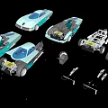 Teal Colored Car Models With Open Top Design And Engine Parts