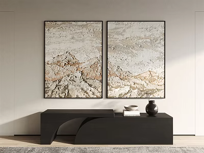 Modern Abstract Painting Diptych Wall Art Hanging With Neutral Tones And Console Table 3d model