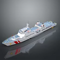 Military Naval Vessel 3D Model With White Hull Red Stripes Antenna And Deck Structure
