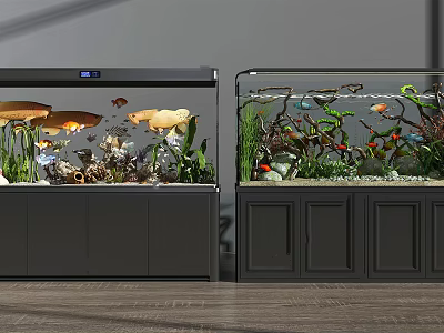 Stylish Double Fish Tank Setup With Aquatic Plants Fish And Cabinet Bases 3d model