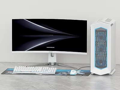 Samsung Curved Monitor With White Desktop PC Case Keyboard And Mouse Setup 3d model