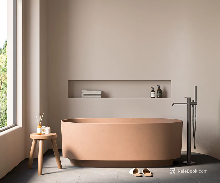 Freestanding Beige Bathtub in Modern Bathroom with Window Greenery Wooden Stool and Wall Niche Towels 3d model 