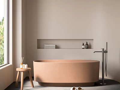 Freestanding Beige Bathtub in Modern Bathroom with Window Greenery Wooden Stool and Wall Niche Towels 3d model
