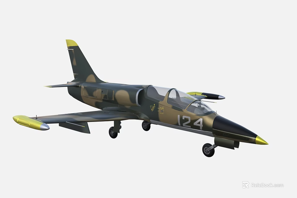 Military Fighter Jet With Camouflage Paint Number 124 And Yellow Accents 3d model 