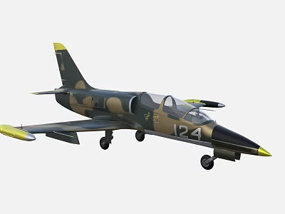 Military Fighter Jet With Camouflage Paint Number 124 And Yellow Accents 3d model