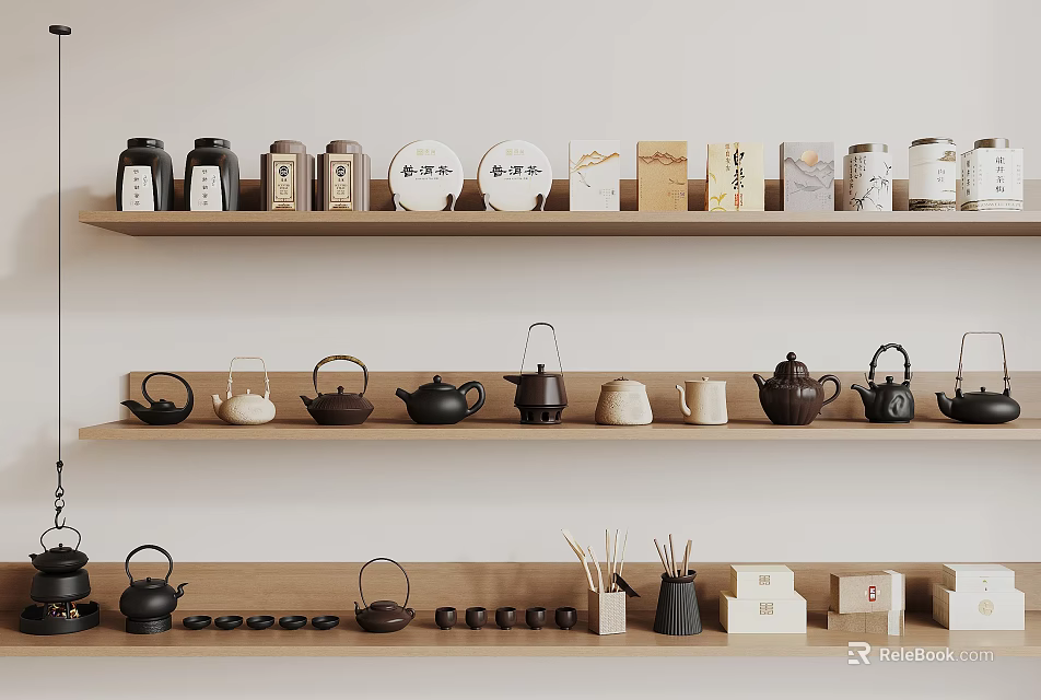 Assorted Tea Utensils Display on Wooden Shelf with Teapots Teacups and Canisters 3d model 