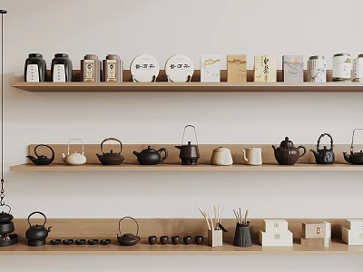Assorted Tea Utensils Display on Wooden Shelf with Teapots Teacups and Canisters 3d model