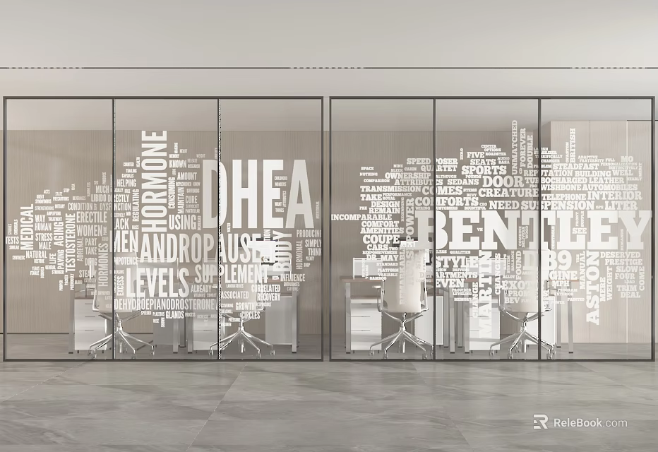 Glass Partition With Word Cloud Featuring DHEA Gland And Hormone Levels In Office 3d model 