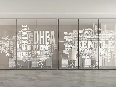 Glass Partition With Word Cloud Featuring DHEA Gland And Hormone Levels In Office 3d model