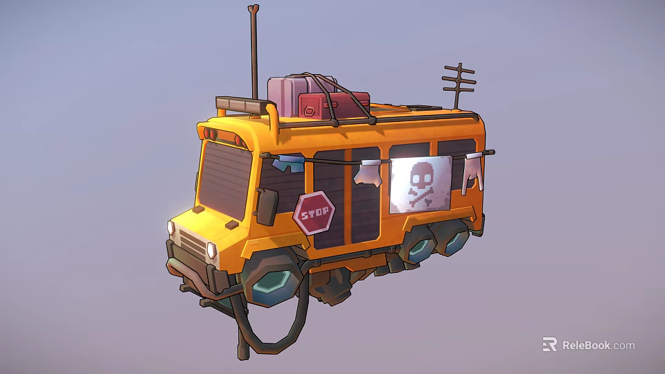 Yellow Bus With Luggage On Roof Side Stop Sign And Skull Graphic Decoration 3d model 