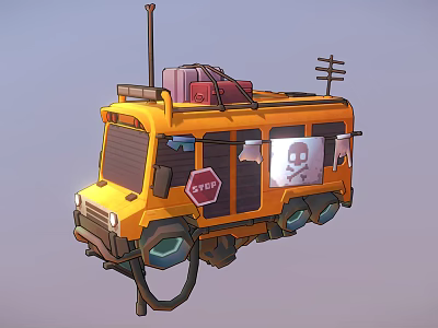 Yellow Bus With Luggage On Roof Side Stop Sign And Skull Graphic Decoration 3d model