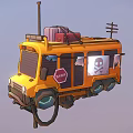 Yellow Bus With Luggage On Roof Side Stop Sign And Skull Graphic Decoration