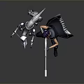 Sci Fi Game Character With Purple Hair Green Accents Cloak Mechanical Companion And Weapon