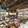 Modern Spacious Restaurant Interior With Wooden Ceiling Hanging Lights And Dining Tables