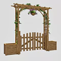 Wooden Garden Gate with Arched Top Lush Vines and Side Planter Boxes