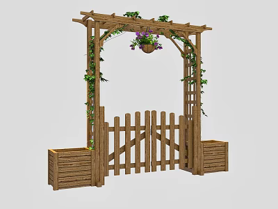 Wooden Garden Gate with Arched Top Lush Vines and Side Planter Boxes 3d model