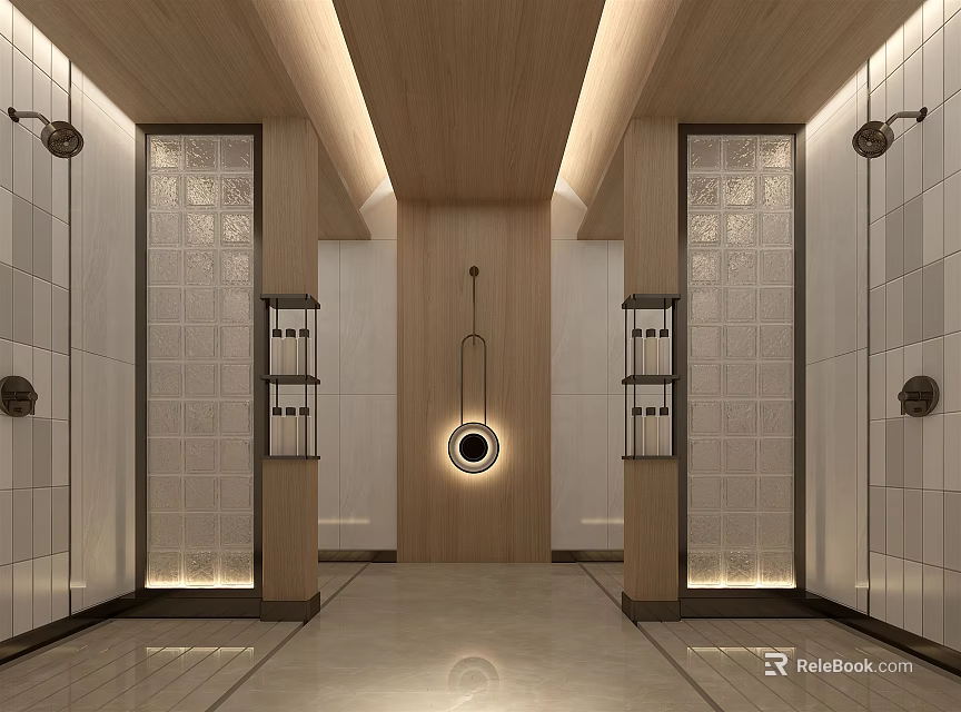 Serene SPA Sauna Interior Design With Wooden Ceiling Tile Walls And Ambient Lighting 3d model 