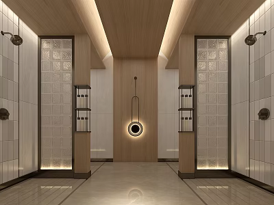 Serene SPA Sauna Interior Design With Wooden Ceiling Tile Walls And Ambient Lighting 3d model