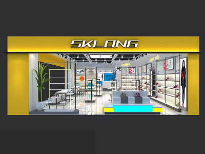 SKLONG Specialty Store With Yellow Facade And Shoes Clothing Display Shelves Sofa Plants 3d model