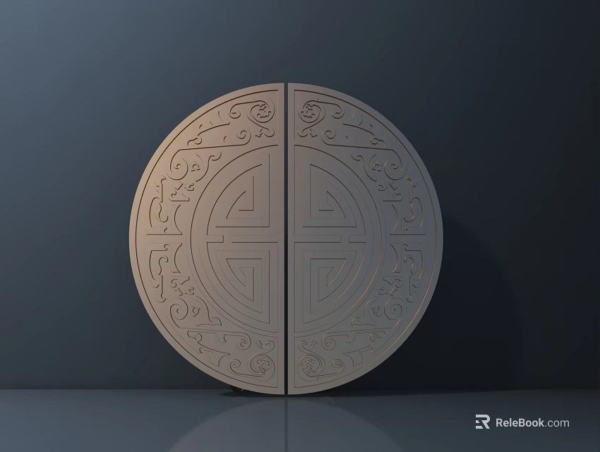 Traditional Carved Door Handle With Symmetric Patterns On Round Double Door 3d model 