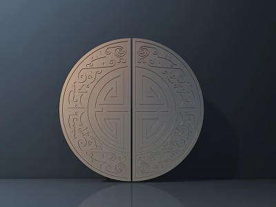 Traditional Carved Door Handle With Symmetric Patterns On Round Double Door 3d model