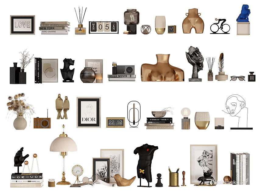 Stylish Decorative Ornament Collection With Frames Vases Sculptures Lamps And Books 3d model 