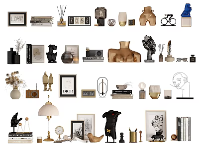 Stylish Decorative Ornament Collection With Frames Vases Sculptures Lamps And Books 3d model