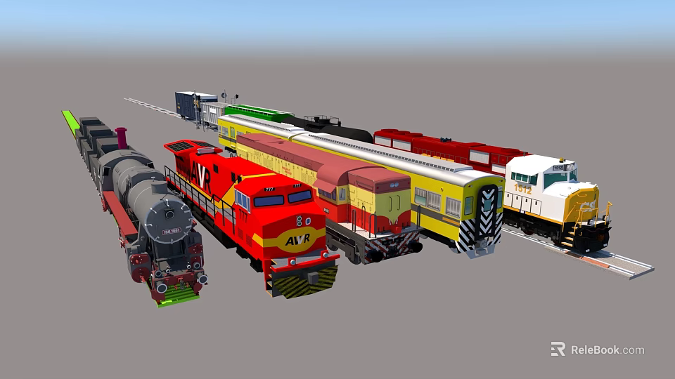 Various Colored Trains Including Steam Locomotive And Modern Models On 3d model 