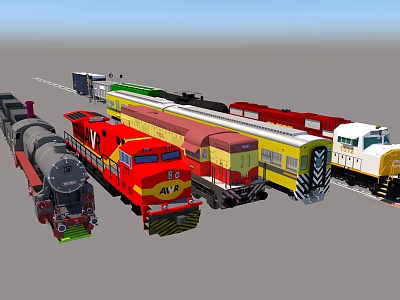 Various Colored Trains Including Steam Locomotive And Modern Models On 3d model