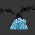 Detailed Black Mythical Dragon Sculpture With Spread Wings On Blue Ice Base