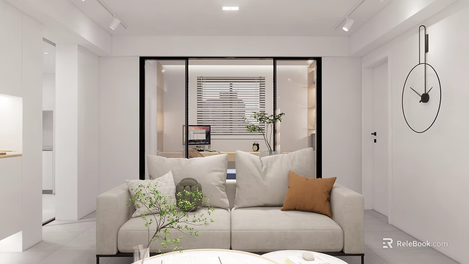 Modern Living Room With Open Layout Beige Sofa Throw Pillows Green Plants And Glass Partition 3d model 