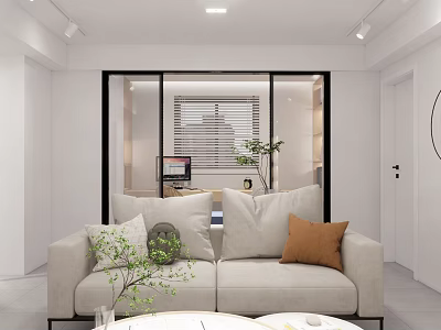 Modern Living Room With Open Layout Beige Sofa Throw Pillows Green Plants And Glass Partition 3d model