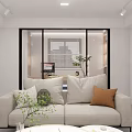 Modern Living Room With Open Layout Beige Sofa Throw Pillows Green Plants And Glass Partition