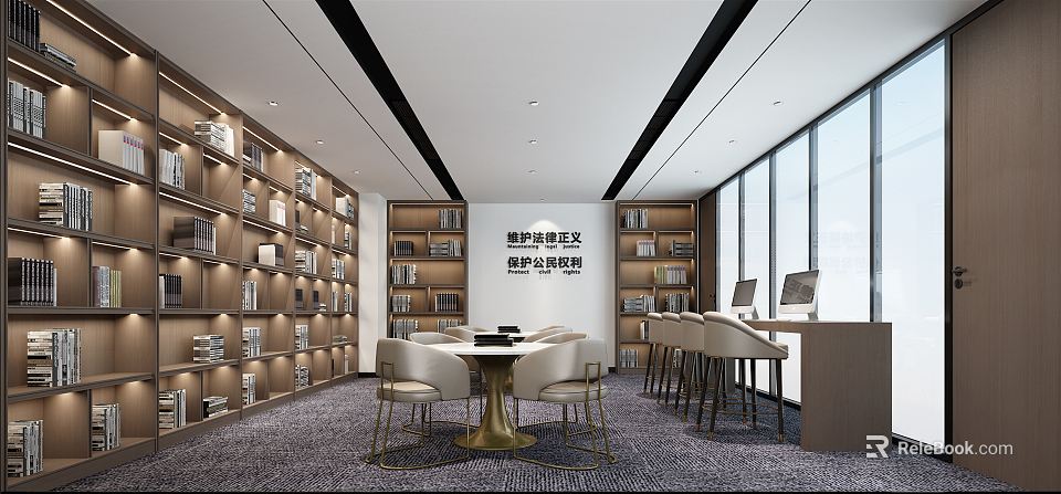 Modern Book Art Interior Design With Wooden Bookshelves Round Table And Large Windows 3d model 