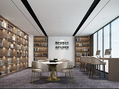 Modern Book Art Interior Design With Wooden Bookshelves Round Table And Large Windows 3d model