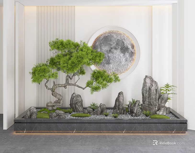 Indoor Modern Garden Ornament with Pine Tree Rockery and Circular Moon Decor 3d model 