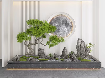 Indoor Modern Garden Ornament with Pine Tree Rockery and Circular Moon Decor 3d model