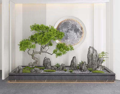 Indoor Modern Garden Ornament with Pine Tree Rockery and Circular Moon Decor 3d model